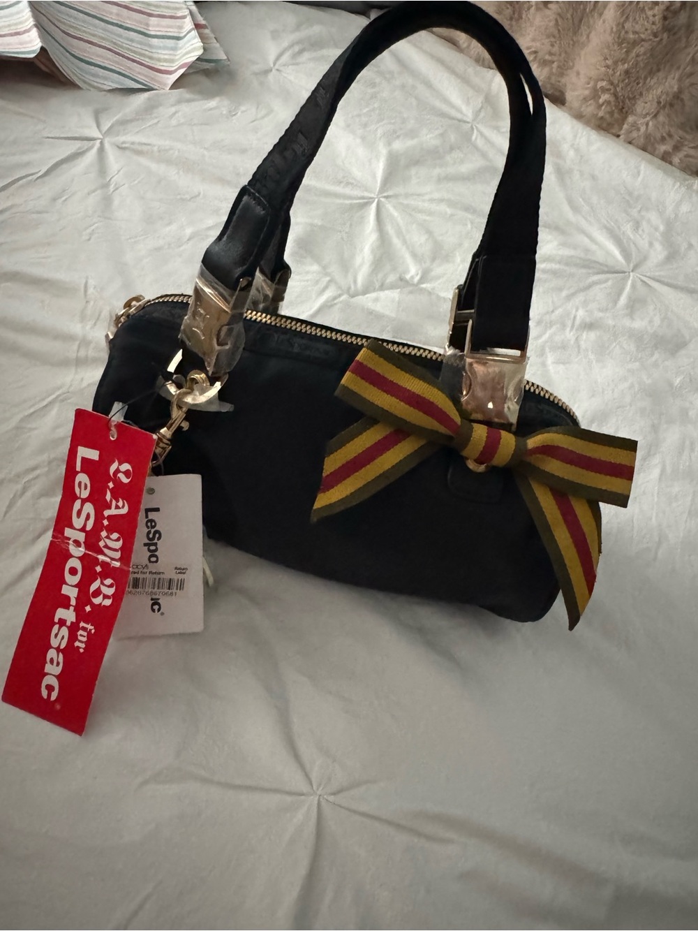 L.A.M.B. Black Mini Satchel with Striped Bow Accent